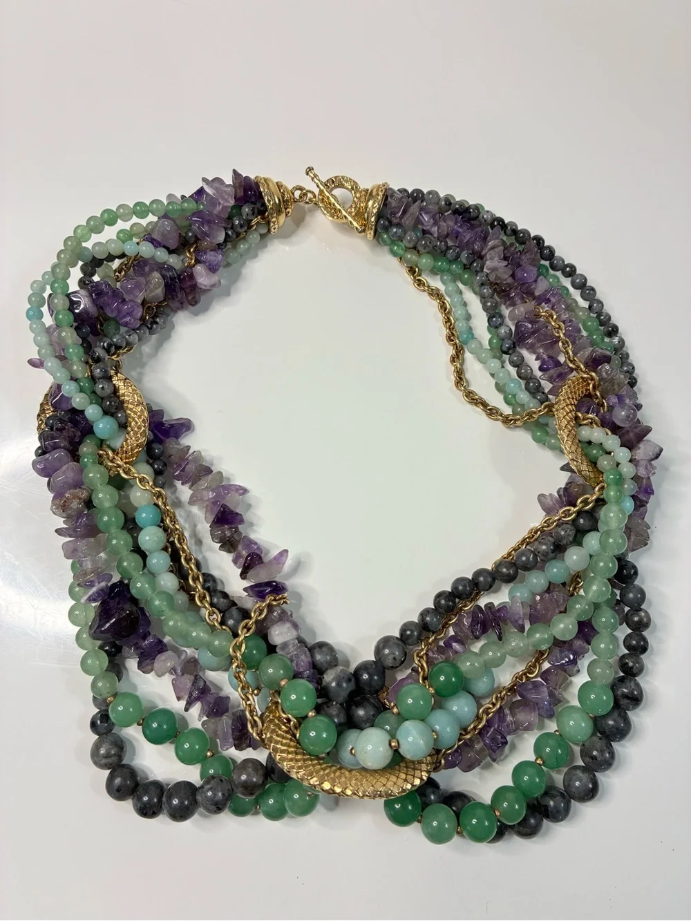 VTG CAROLEE LUX Multi-Strand Amethyst GR Aventurine  Necklace with Gold Accents